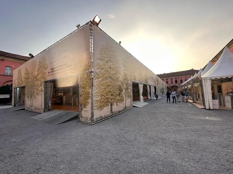 Lunga struttura con pannelli stampati con alberi in una piazza al tramonto