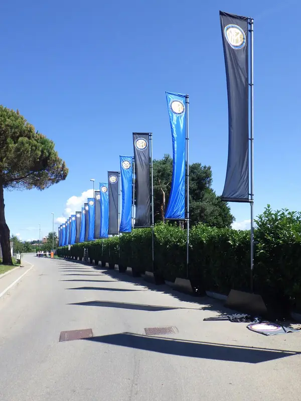 Bandiere blu su pennoni lungo una strada